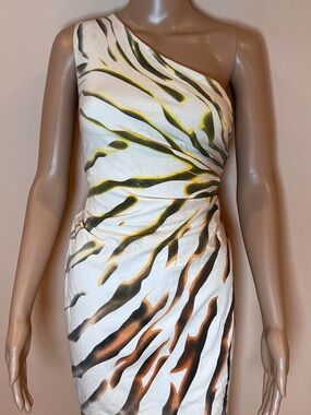 Cache One-Shoulder White Dress with Olive and Brown Abstract Print